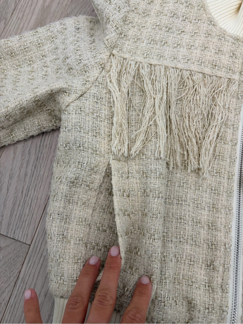MOTHER Cream Fringe Tweed Bomber Jacket - Picture 4 of 9